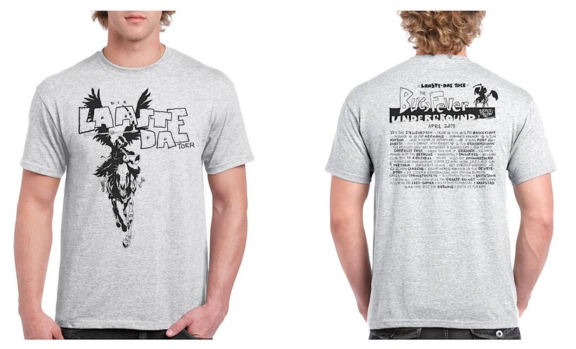 Limited edition t-shirt for Laaste Dae-toer. Cost: R220. Men's or Women's cut.